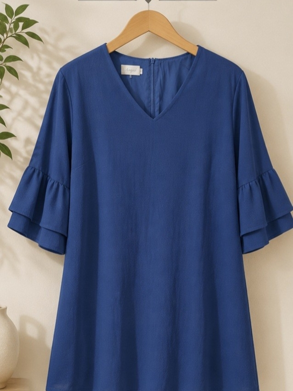 V-Neck Layered Ruffle Sleeve Blouse - Deep Blue